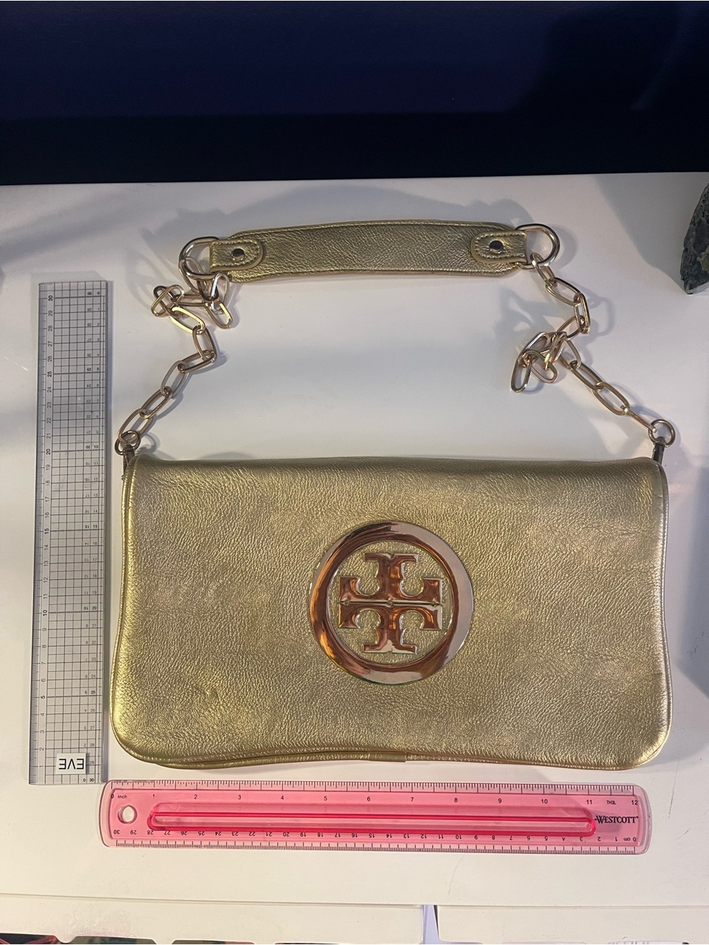 Tory Burch Gold Leather Chain Shoulder Bag with Logo Medallion